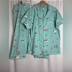 Pajamagram Pajamas Women XXL Teal Dog Flannel 2 Pc Set Button Long Sleeve Pocket